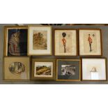 Framed pictures: to include a pair of watercolours featuring humorous military characters in British