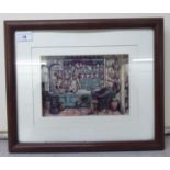 A 20thC 3D printed card picture, depicting an interior apothecary's store  pencil  8" x 15"  framed