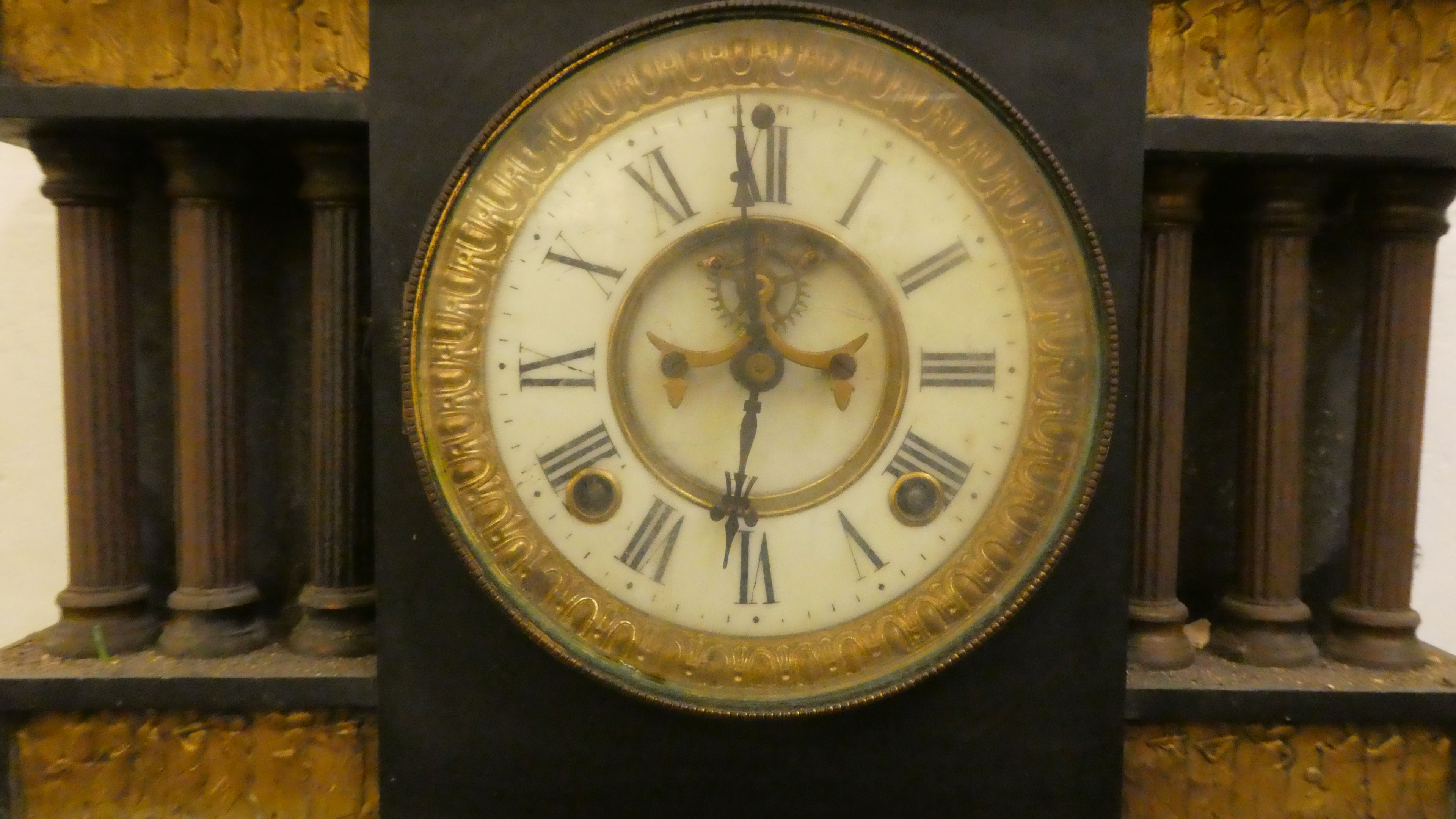 A late Victorian black slate cased mantel clock of architectural form, on a plinth; the movement - Image 2 of 9