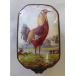 A 19thC enamelled trinket box, handpainted with a cockerel, in a landscape  2"h