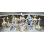 Decorative ceramics: to include European porcelain figures, vases and candlesticks  largest 11"h