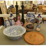 A mixed lot: to include assorted modern ceramic vases  largest 15"h; and an 'antique' pink glass and