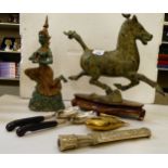 Metalware: to include a patinated bronze model, a galloping horse  12"h