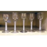 Five late 18thC wine glasses, each with a cotton twist stem  5.5"-6"h
