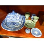 Ceramics: to include Wedgwood jasperware ornaments; and a 19thC earthenware, oval meat plate  14"w