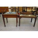 An Edwardian string inlaid mahogany framed music stool with a low back and arms, over a rising box