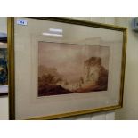 Early 19thC British School - figures by ruins in a landscape  sepia  watercolour  10" x 15.5"