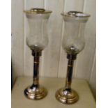 A pair of mid 20thC silver plated candle lamps with etched glass shades  16.5"h