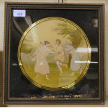 A late 18thC silk tapestry picture, three girls playing 'Blindman's-Bluff'  8.5"dia  framed