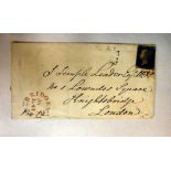 Used Penny Black postage stamps, attached to a period handwritten letter