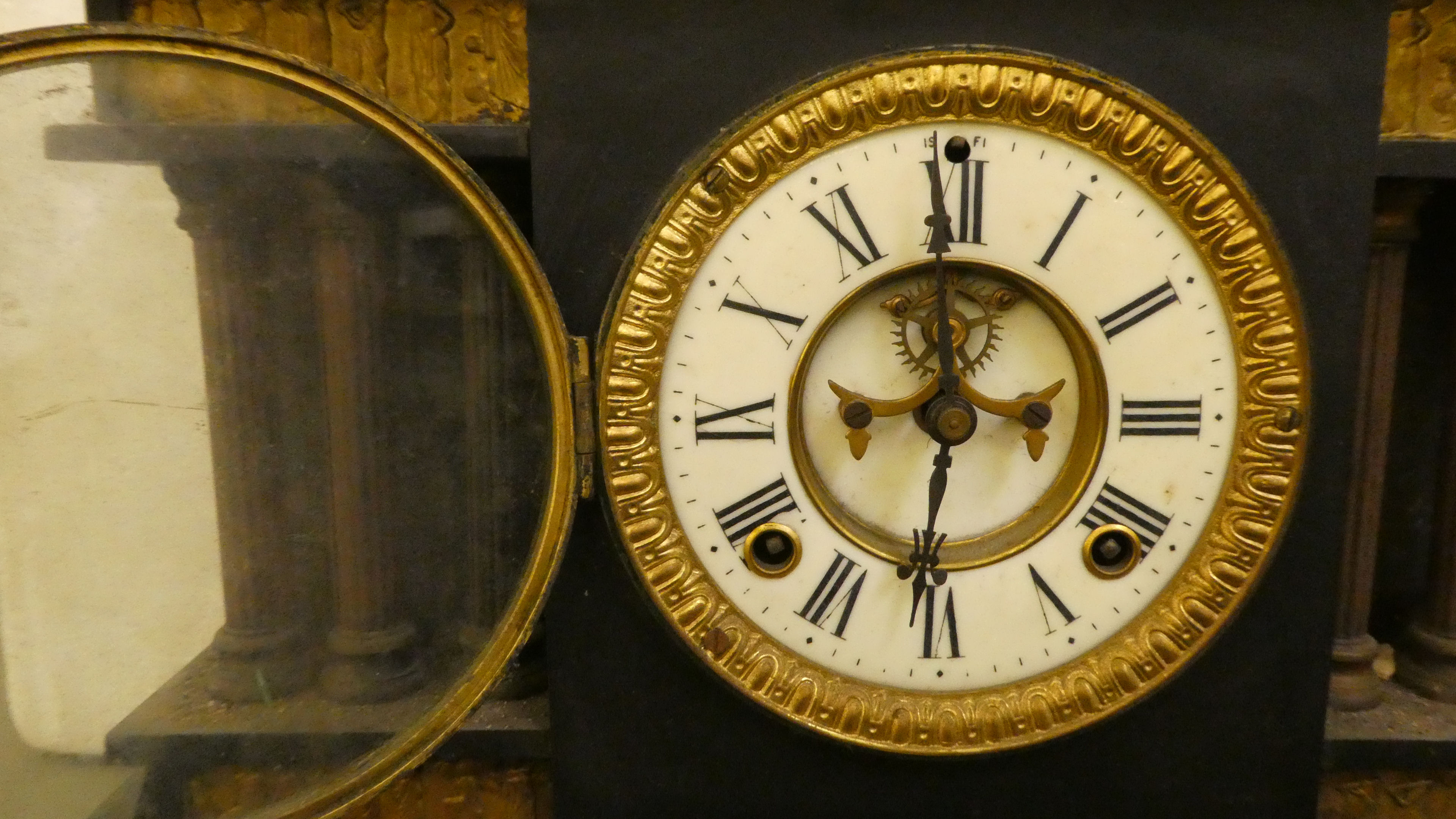 A late Victorian black slate cased mantel clock of architectural form, on a plinth; the movement - Image 4 of 9
