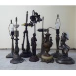 Mainly Art Nouveau style table lamps, many in cast metal  largest 15"h