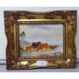 ER Booth - cattle grazing beside a lake  watercolour on porcelain  bears a signature  5.5" x 7"