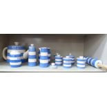 TG Green china, blue and white Cornishware: to include an oversize teapot; a rolling pin; and a
