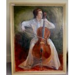 L Hawkett - a cellist  oil on canvas  bears a signature  29" x 39"  framed