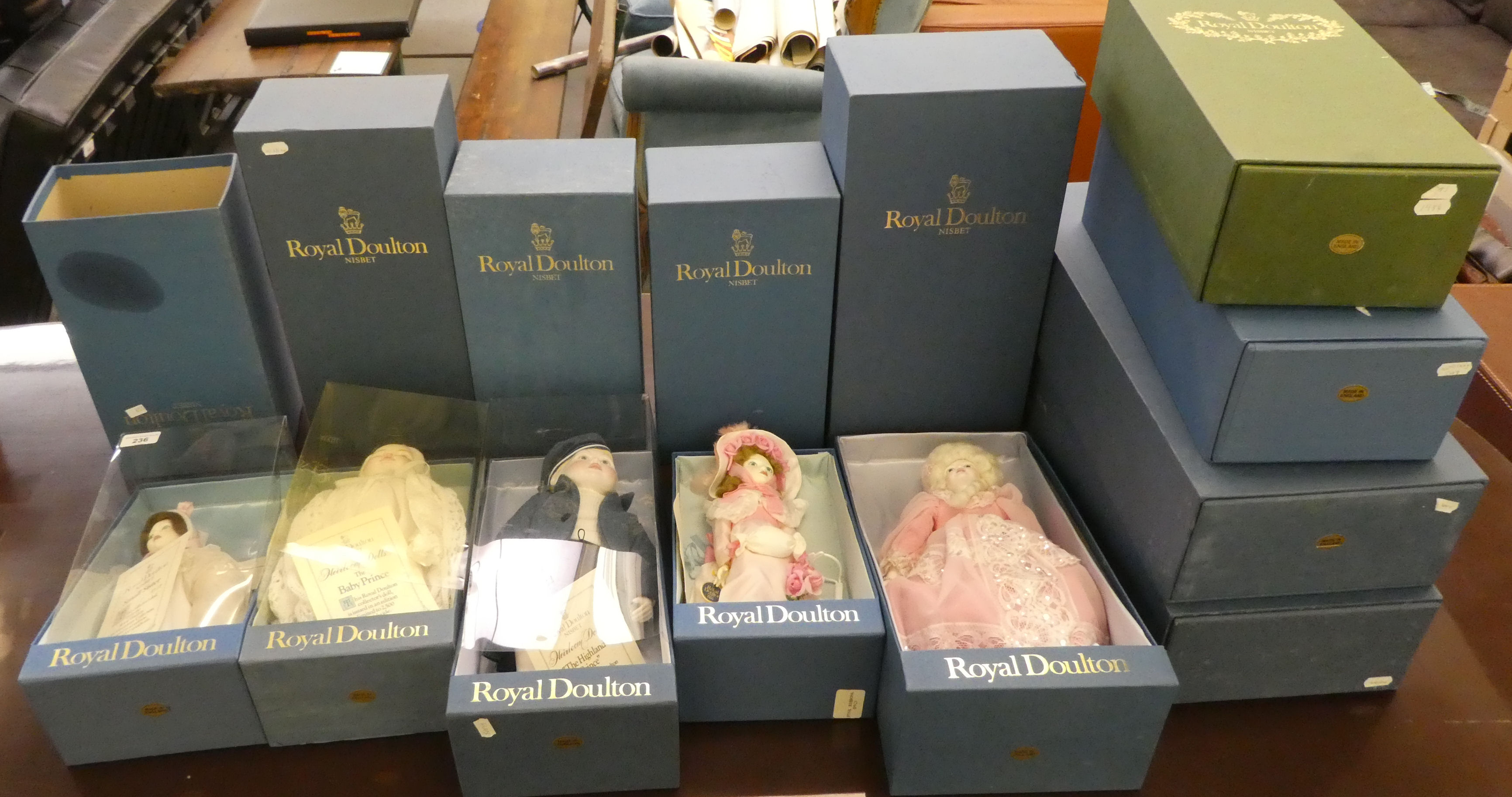 Boxed Royal Doulton 'Nisbet' collector's dolls: to include 'Small Sister'  tallest 13"h