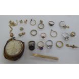 Gold and other items of personal ornament: to include rings; earrings; and a tie clip, hallmarked