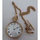 A late 19thC gold plated pocket watch, the movement faced by an enamelled Roman dial; and a 15ct