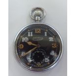 A World War II period military issue Jaeger Le Coultre pocket watch, faced by an Arabic dial with