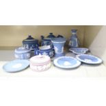 Wedgwood collectables: to include powder blue jasperware vases and shallow dishes  mixed sizes