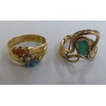 Two gold coloured metal dress rings, variously set with coloured stones