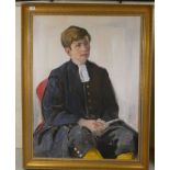 L Hawkett - a young man in a boy's blue coat costume  oil on canvas  bears a signature  29" x 39"