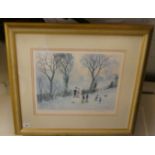 After Helen Bradley - a family on a walk in a winter landscape  coloured print  bears a blindstamp &