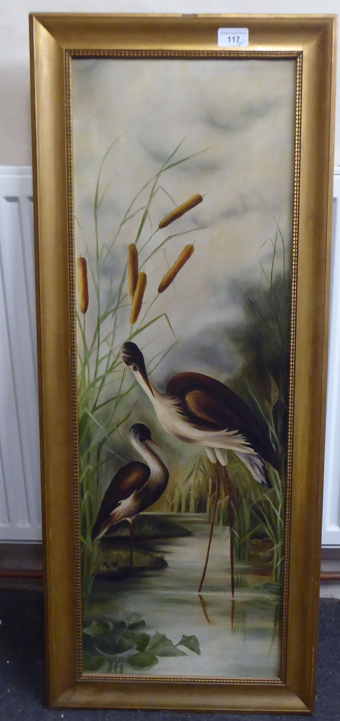 Pictures: to include a study of two wading birds  oil on canvas  32" x 12"  framed - Image 2 of 12