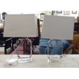 A pair of Ralph Lauren chamfered clear glass tablet design table lamps and shades  20"h overall
