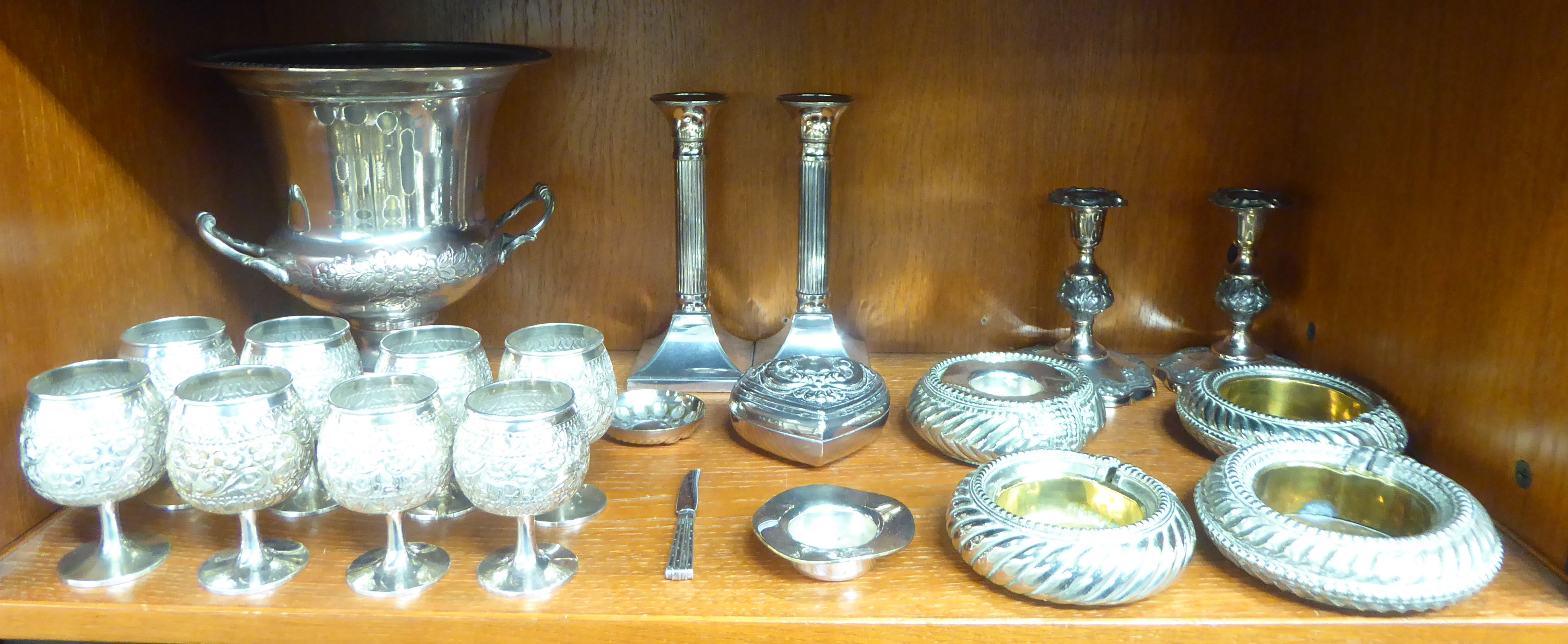 Silver plate, white metal and similar wares: to include ashtrays; a pair of Victorian style dwarf