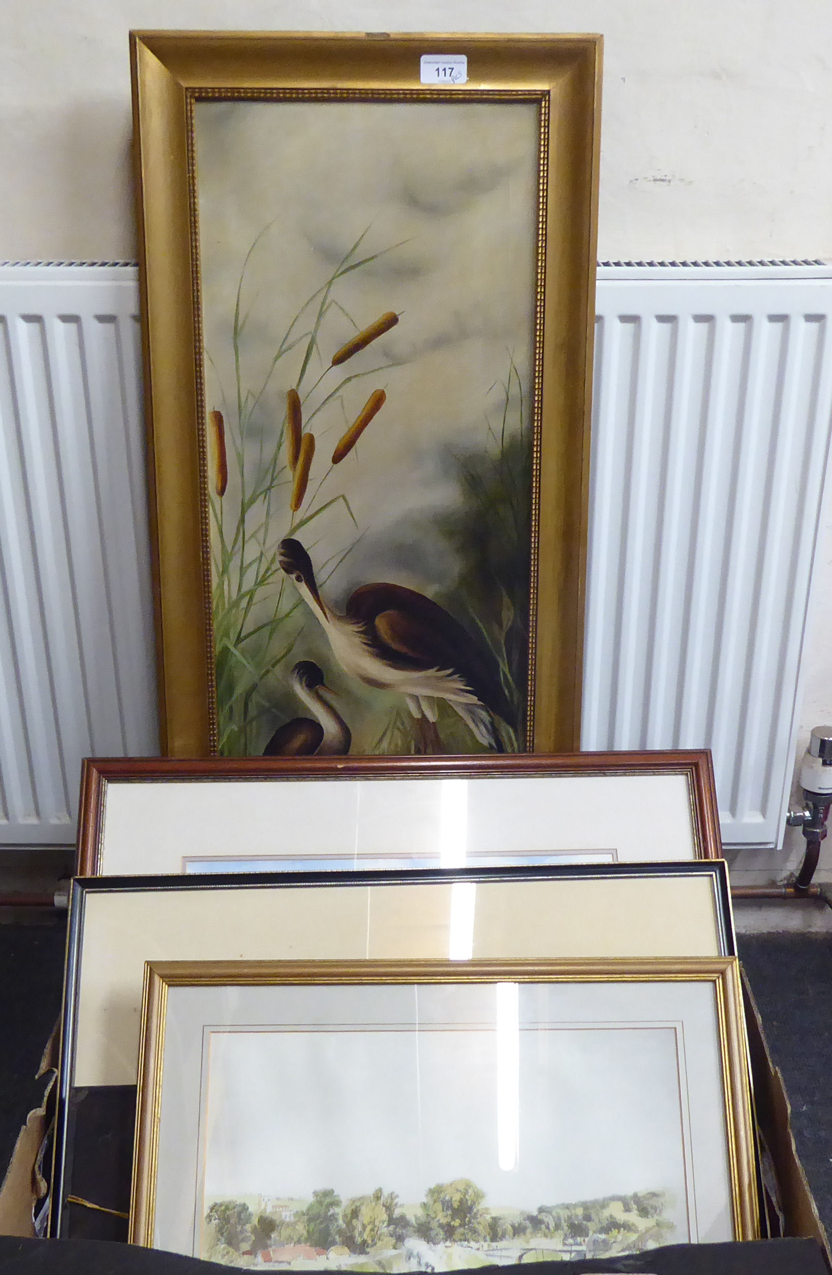 Pictures: to include a study of two wading birds  oil on canvas  32" x 12"  framed