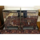 A pair of modern multi-bevelled mirror clad two drawer bedside chests  24"h  18"w; and a matched