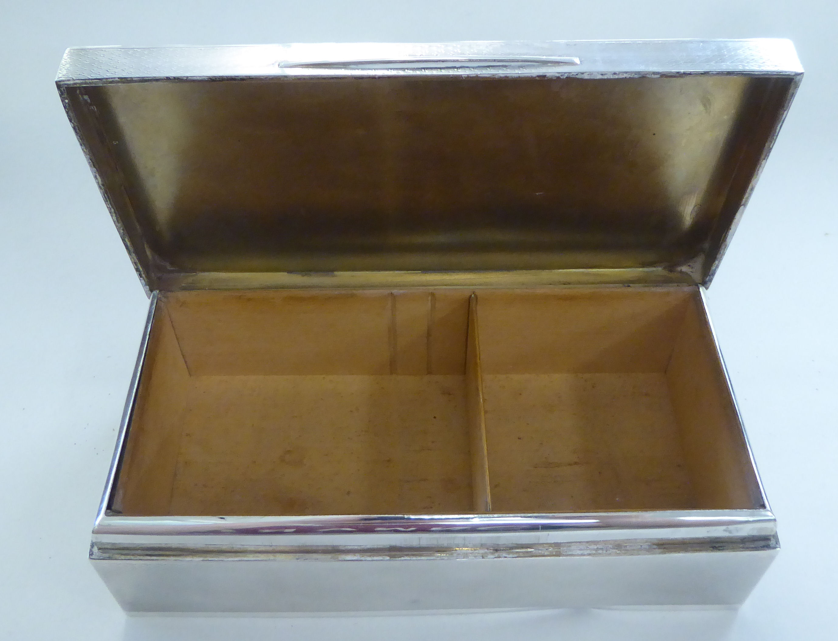 A silver cigarette box, decorated with Greek Key ornament  Sheffield 1919  2"h  7"w - Image 4 of 5