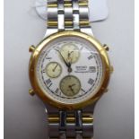 A Seiko bi-coloured, stainless steel cased bracelet quartz chronograph, faced by a Roman dial and