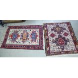 Two similar woollen rugs, woven in colours with naively designed animals and birds  68" x 36"