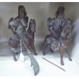 A pair of Chinese cast bronze models, warriors on horseback  12"h