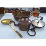 Antique copper and brass domestic wares: to include a tea kettle on stand; and a Salter's No.20