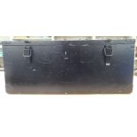 A re-painted ex-military wooden box with iron reinforcement and flank handles  12"h  29"w