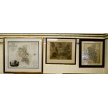 Three framed antique coloured maps: to include the South East of England with printed text verso