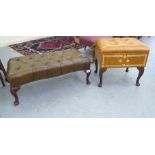 Small furniture: to include a tan coloured hide covered sewing box, raised on cabriole legs