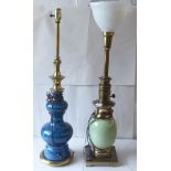 Two early 20thC lamps, one featuring a bulbous green ceramic base  34"h; the other with a blue