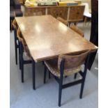 1960s wood veneered effect, laminate and black painted dining table  29"h  66"w; a matching set of