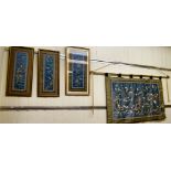 20thC Oriental tapestries: to include a hanger, depicting wading birds  8"sq; and three framed