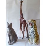 Wood, hardstone and china model animals: to include a wooden giraffe  30"h