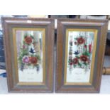 A pair of late Victorian mirrors, each painted with flowers and birds, in an oak frame  33" x 21"
