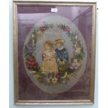 A late Victorian needlework picture, two children, one holding a rabbit  20" x 16"  framed