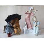 Lladro porcelain figure  groups, viz. a clown, serenading a girl  9.5"h; and two children huddled