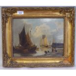 19thC European Maritime School - sailing barges in shallow water with figures on the shoreline