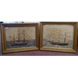 A pair of 19thC woolwork pictures, featuring an English man-of-war, the broadside depictions