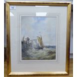 EA Swan - an offshore scene with a sailing vessel by a harbour wall  watercolour  bears a